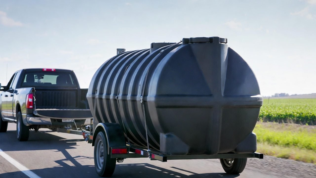 Pickup truck towing a plastic water tank trailer